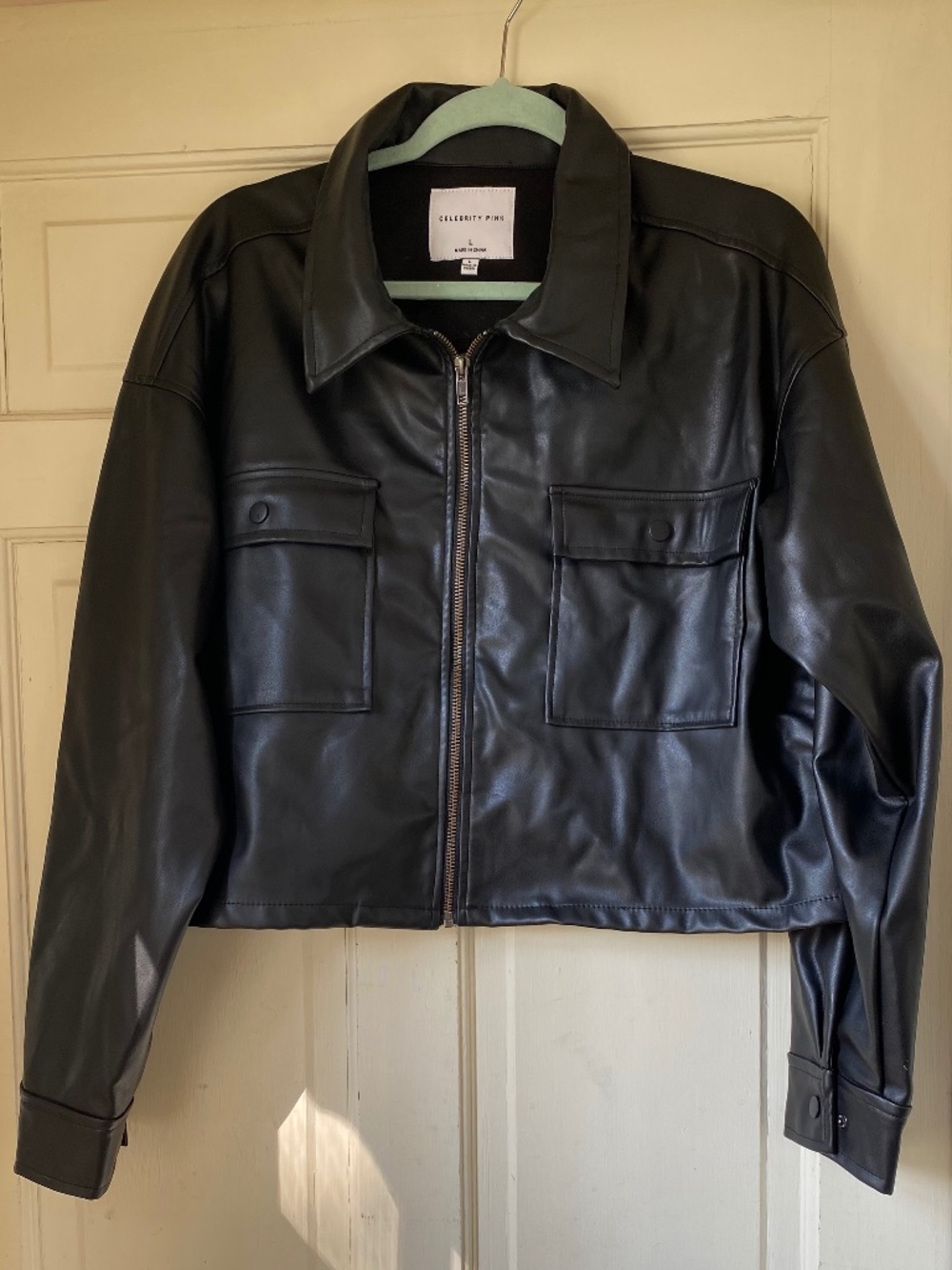 Celebrity Pink Faux Leather Cropped Jacket Black Zip Up Moto Size L